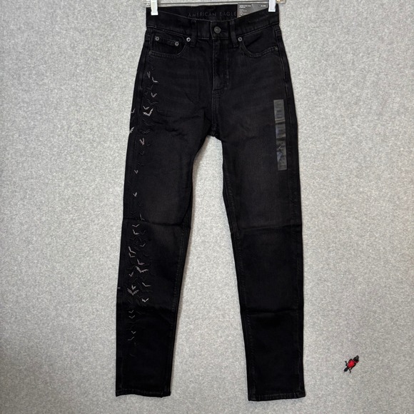 American Eagle Outfitters Denim - American Eagle Women's 000 Reg Black Denim Jeans‎ High-Rise Bat Embroidered Goth